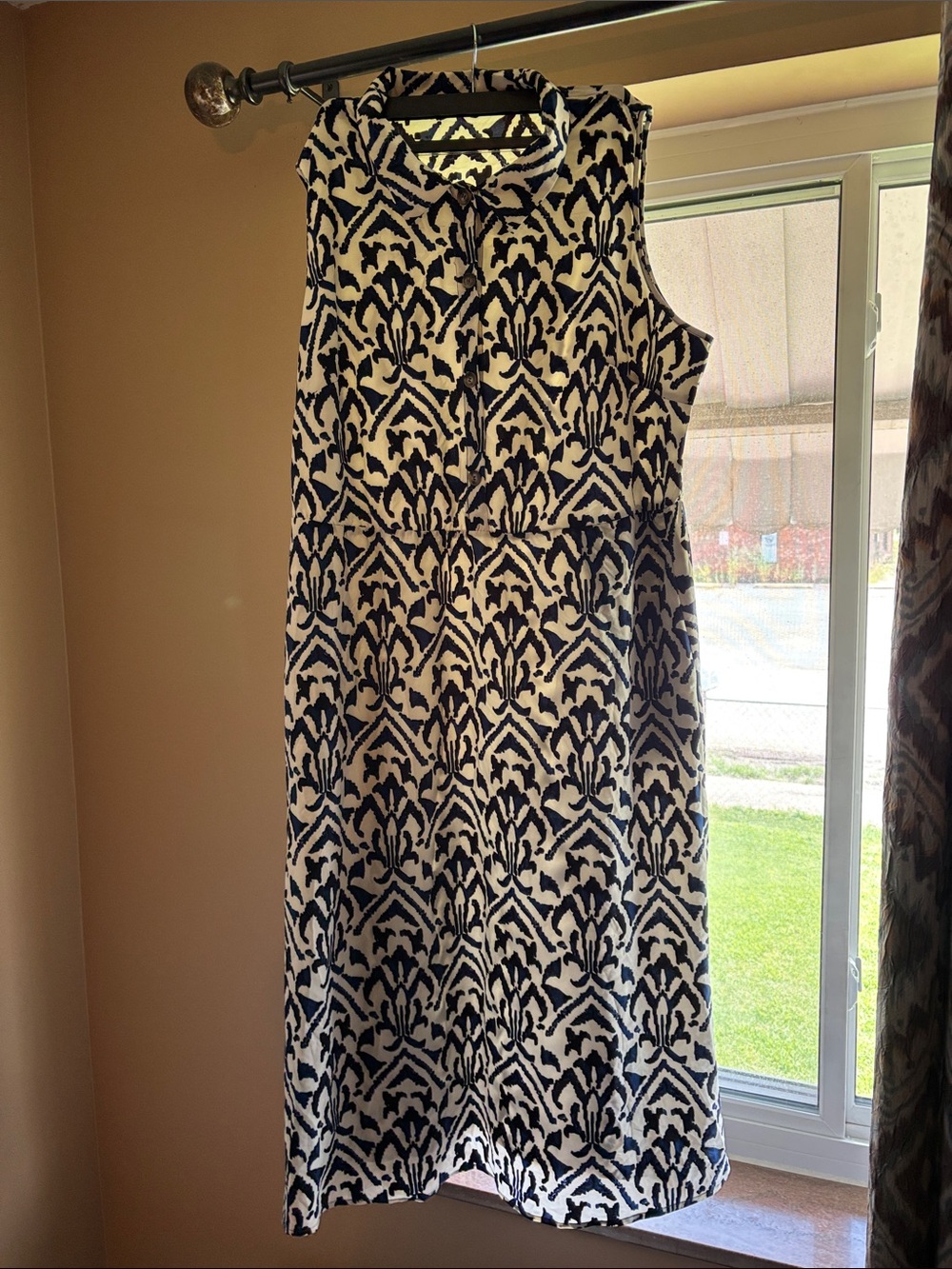 BloomChic Navy and White Sleeveless Dress with Geometric Ikat Motif